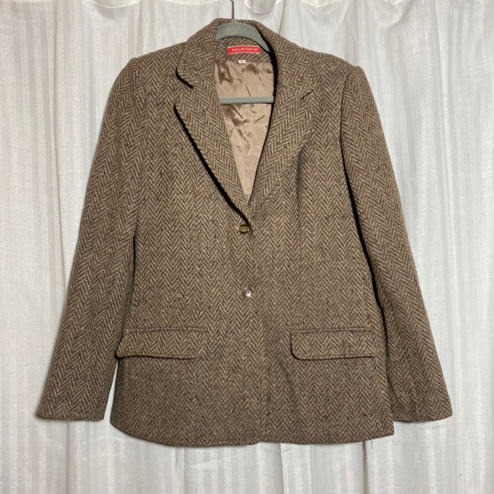 Halston III Vtg Brown Herringbone 100% Wool Blazer Women 6 Equestrian Academia